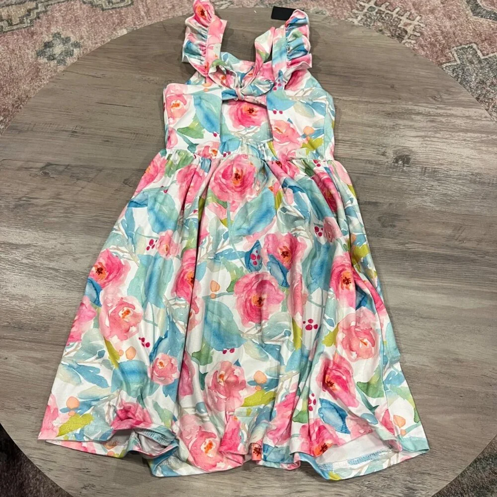 Floral Girls Sleeveless Dress With Ruffle Straps & Watercolor Print Size 100 Pol - Picture 2 of 3